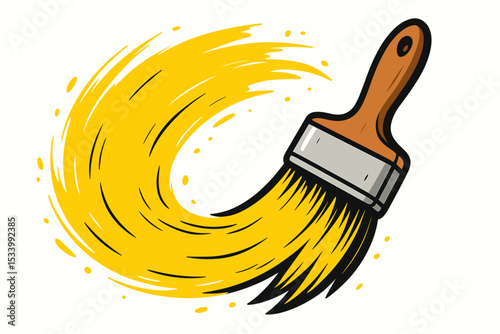 Paint brush icon making a yellow paint swipe. Dynamic brushstroke for renovation and decoration. Creative tool concept for art projects. Vector logo element isolated on white.