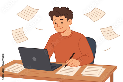 Young man writing at a desk with a laptop. Creative process illustration of an author, journalist, or student. Concept for content creation, blogging, copywriting, and remote work.