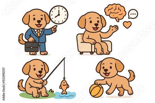 Cute dog character set. Golden retriever mascot in various activities. Business dog with clock, therapy session, fishing hobby, playing with ball. Cartoon vector for work-life balance.