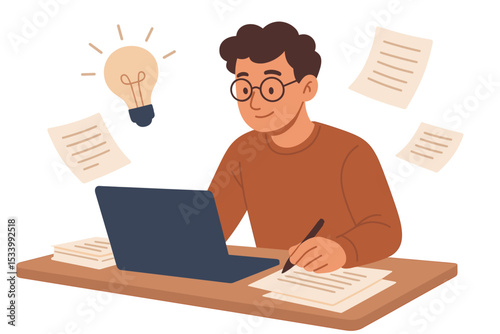 Man working and writing at desk with laptop. Creative author, student or freelancer with idea light bulb. Concept for copywriting, content creation, education and inspiration.