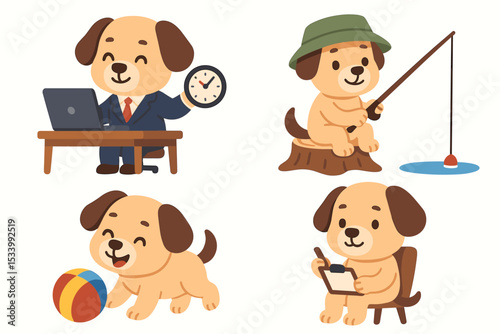 Cute cartoon dog character set showing work life balance. Happy puppy mascot working in an office, fishing, playing with a ball, and taking notes. Daily routine activities collection.