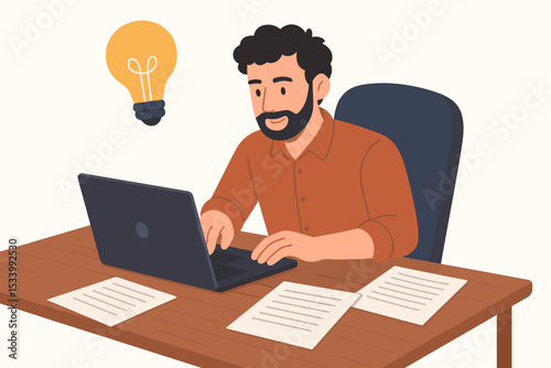 Creative writer having an idea while working on laptop. Man at desk with lightbulb symbol for inspiration. Concept for journalist, blogger, copywriter, programmer or student.