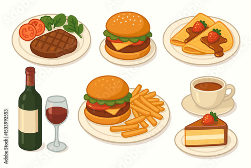 Food and drink vector illustration set. Collection of restaurant menu icons with steak, burger, fries, cake, coffee, wine, and crepes. Dining and fast food concept art.