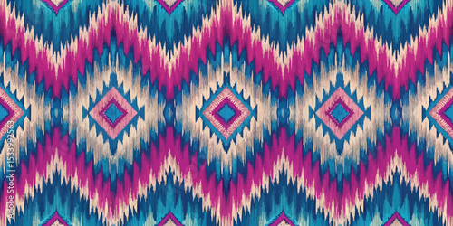 Vibrant geometric pattern in blue, pink, and cream tones creating a bold visual statement.