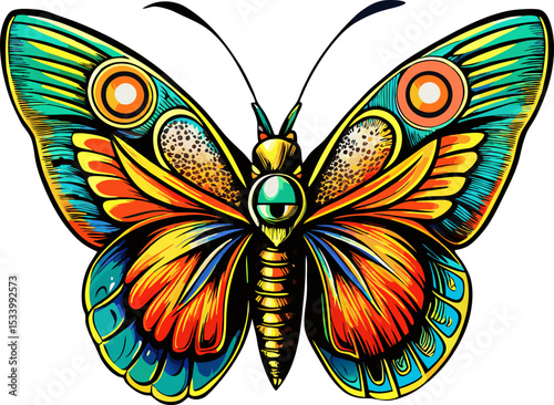 Vibrant butterfly illustration featuring intricate patterns and bold colors with no background