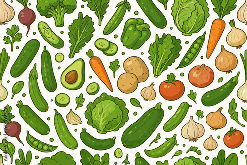Vegetables seamless pattern with carrot, tomato, cabbage, potato. Hand drawn cartoon food background. Healthy organic vegan farm market produce. Vector illustration for kitchen.