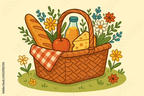 Picnic basket vector illustration for summer outdoor leisure. Cute cartoon wicker basket filled with food like baguette, cheese, apple, and juice on a gingham napkin in a park.