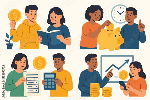 Financial literacy concept illustration set. Diverse young people learning about money management, saving, budgeting with a calculator, and investing for growth. Personal finance education.