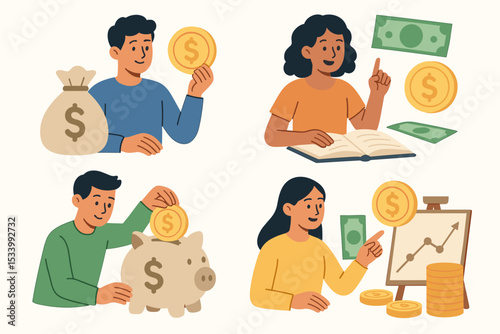 Financial literacy education concept with diverse people learning money management, saving coins in piggy bank, investing, budgeting, and financial growth illustrations