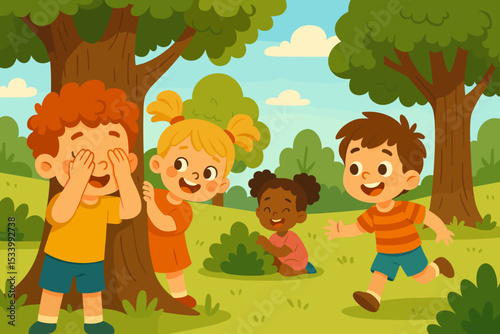 Happy multicultural children playing hide and seek game in nature. Kids hiding behind tree and bush in summer park. Boy counts with eyes covered. Fun childhood activity vector.