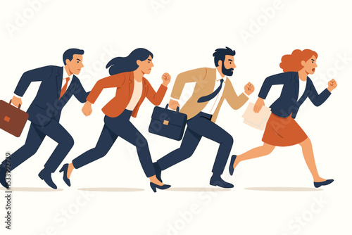 Business people running in a hurry. Corporate professionals in a race against time. Concept of competition, deadline, stress, and the daily hustle in the modern business world.