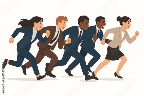 Diverse business people running in a race. Corporate competition, the rat race, and career ambition concept. Professionals rushing to a deadline. Hustle culture vector.