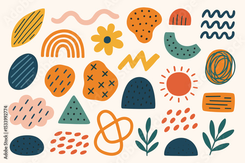 Collection of hand drawn abstract organic shapes and doodles. Modern minimalist design elements. Contemporary boho art with naive texture. Vector set for decoration and creative projects.