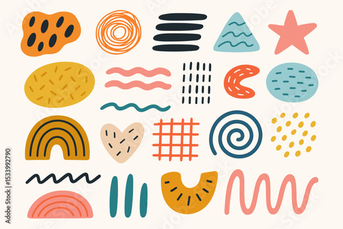 Big set of abstract geometric and organic shapes. Hand drawn doodle elements collection. Modern boho scandinavian design assets. Scribble, blob, rainbow, spiral. Textured vector.