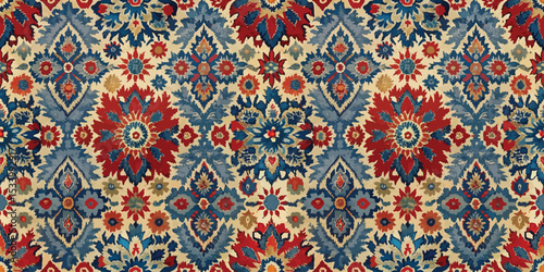 Vibrant floral pattern featuring bold reds and blues on a cream background.