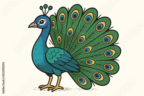 Stylized peacock vector illustration with beautiful fanned tail. Retro cartoon drawing of an exotic peafowl. Colorful wild bird isolated. Nature and animal design element.