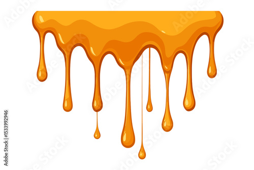 Dripping honey vector illustration. Golden liquid caramel sauce or syrup flowing down. Sweet sticky drops isolated on white background. Melted food design element, dessert border.