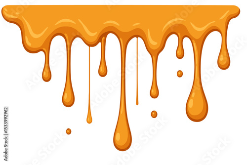 Sweet golden honey or caramel dripping down. Sticky gooey liquid flow with drops. Melted yellow syrup or sauce topping for dessert. Seamless vector horizontal border element.