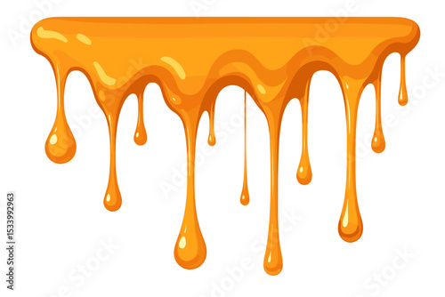 Sweet golden honey dripping. Flowing caramel sauce or maple syrup. Melted liquid drops oozing down. Vector illustration of a sticky dessert topping. Yellow sweet substance border.