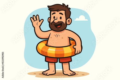 Happy cartoon bearded man with an inflatable swim ring waving hello on the beach. Cheerful character enjoying summer vacation. Friendly tourist mascot for holiday or travel agency.