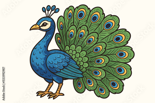 Colorful peacock illustration with beautiful fanned tail. Majestic bird with vibrant feathers, isolated on white. Hand-drawn cartoon vector graphic. Symbol of beauty, pride, nature, exotic wildlife.