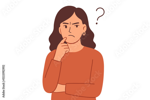 Confused woman thinking with a question mark over her head. Pensive girl having a doubt. Concept of skepticism, uncertainty, problem solving, making a decision, and choice.