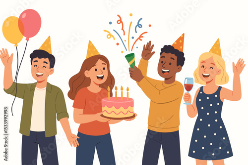 Happy diverse friends at a birthday party celebration. Group of young multiethnic people with cake, confetti, and balloons having fun. Joyful festive event vector concept.