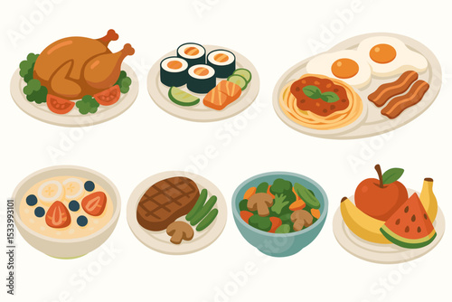 Food icons set vector illustration. Collection of various meal plates for breakfast, lunch, and dinner. Nutrition and healthy diet concept. Chicken, sushi, steak, spaghetti, fruit.