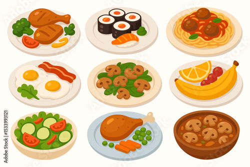 Food set with various meals. Vector illustration collection of cartoon plates with breakfast, lunch, dinner. Includes sushi, pasta, salad, chicken, eggs. Healthy food icons.