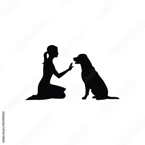 Silhouette of Woman Training Dog with Hand Gesture on White Background