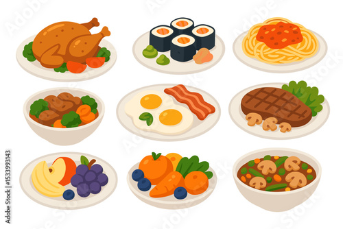 Food icon set with various meals. Cartoon collection of breakfast, lunch, dinner dishes. Vector illustration of chicken, sushi, pasta, steak, soup, eggs, fruit, vegetables.