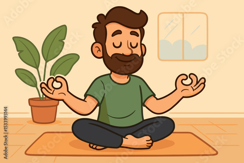 Bearded man meditating in lotus pose at home. Cartoon character doing yoga for mindfulness, relaxation. Mental health, wellness, balance, inner peace concept. Vector illustration.