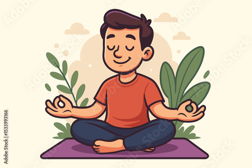 Cartoon man meditating in lotus pose. Young person practicing yoga on a mat for mindfulness, relaxation, and mental wellness. Concept of zen, calm, peace, and stress relief.