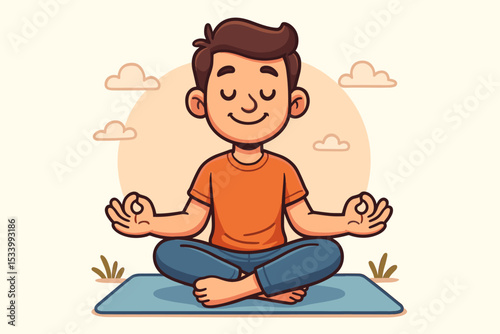 Young man meditating in lotus pose. Cartoon character doing yoga practice for relaxation. Mindfulness and mental health concept. Peaceful boy exercising for wellness and balance.