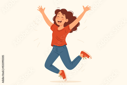 Happy young woman jumping for joy. Energetic girl celebrating success with a joyful leap. Concept of freedom, happiness, achievement, and positive emotions. Vector illustration.