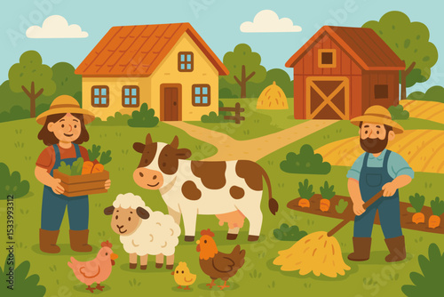 Rural farm life scene with farmers, cow, sheep, and chickens. Cartoon vector illustration of agriculture and countryside landscape with a barn, farmhouse, and organic vegetables.