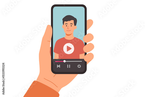 Hand holding smartphone with video player on screen. Man watching vlogger, influencer or online tutorial. Mobile entertainment, streaming service, social media content concept.