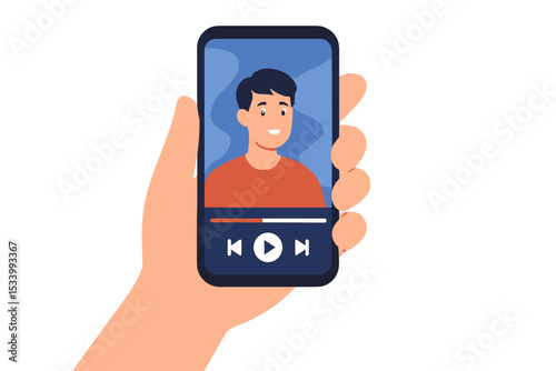 Hand holding smartphone watching video content. Mobile entertainment, online streaming, vlogging, and social media concept. Man character on screen, video player interface.
