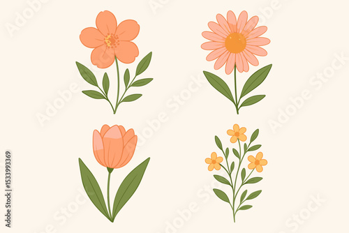 Hand-drawn spring floral collection with watercolor effect. Set of isolated botanical illustrations. Cute orange and pink flowers including tulip, daisy, and wildflowers. Vector.