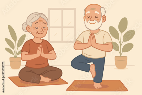 Happy senior couple doing yoga at home. Elderly man and woman practice meditation and balance. Concept for healthy lifestyle, wellness, mindfulness, active retirement, relaxation.