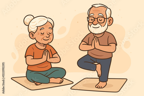 Senior couple doing yoga. Elderly man and woman practicing meditation. Concept for active healthy lifestyle, retirement, wellness, mindfulness, spiritual balance. Vector cartoon.