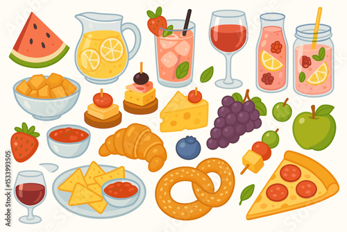 Summer picnic food and drink set. Vector collection of isolated cartoon elements for an outdoor party. Meal with pizza, wine, lemonade, fruit, cheese, canapés, and snacks.