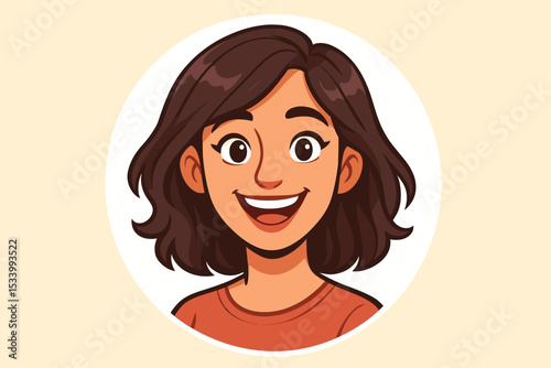 Happy young woman face vector illustration. Joyful brunette girl with a big smile. Cartoon character portrait for avatar, profile picture, or user icon. Cheerful female headshot.