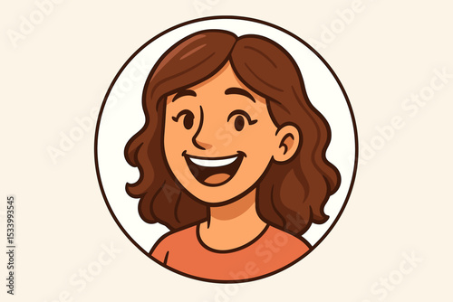 Happy woman smiling portrait. Joyful young female character face icon. Cute girl avatar for social media profile picture. Hand-drawn cartoon vector illustration in circle frame.