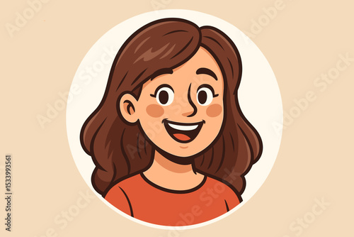 Happy young woman portrait illustration. Joyful female character with a big smile. Cheerful cartoon avatar for profile picture. Positive emotion and expression concept vector.