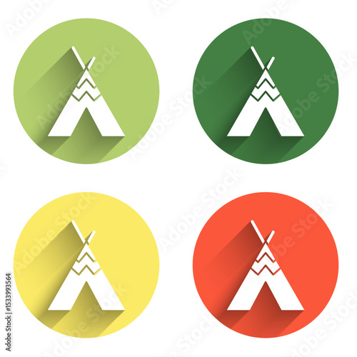 Set Traditional indian teepee or wigwam icon isolated with long shadow background. Indian tent. Color circle button. Vector