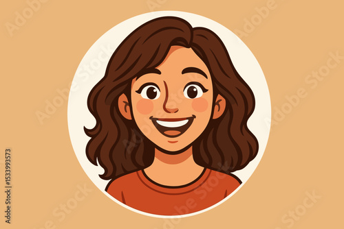 Happy smiling woman face vector illustration. Joyful young girl character avatar for profile picture. Cheerful female portrait with positive emotion. Cartoon flat design graphic.