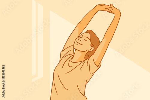 Woman stretching by window in morning light symbolizing renewal and mental health