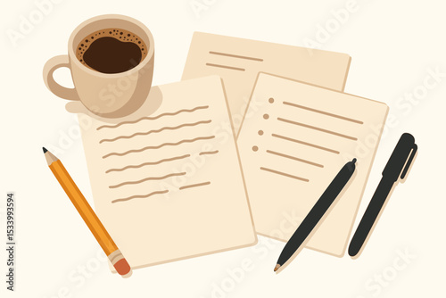 Creative workspace flat lay. Vector illustration of office desk essentials with coffee, paper notes, to-do list, pens, and pencil. Concept for writing, journaling, planning, study.