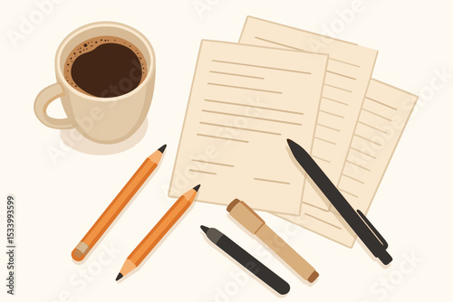 Creative workspace flat lay illustration with office desk essentials. Top view of coffee cup, paper documents, pens, and pencils. Concept for writing, journaling, business, or study.